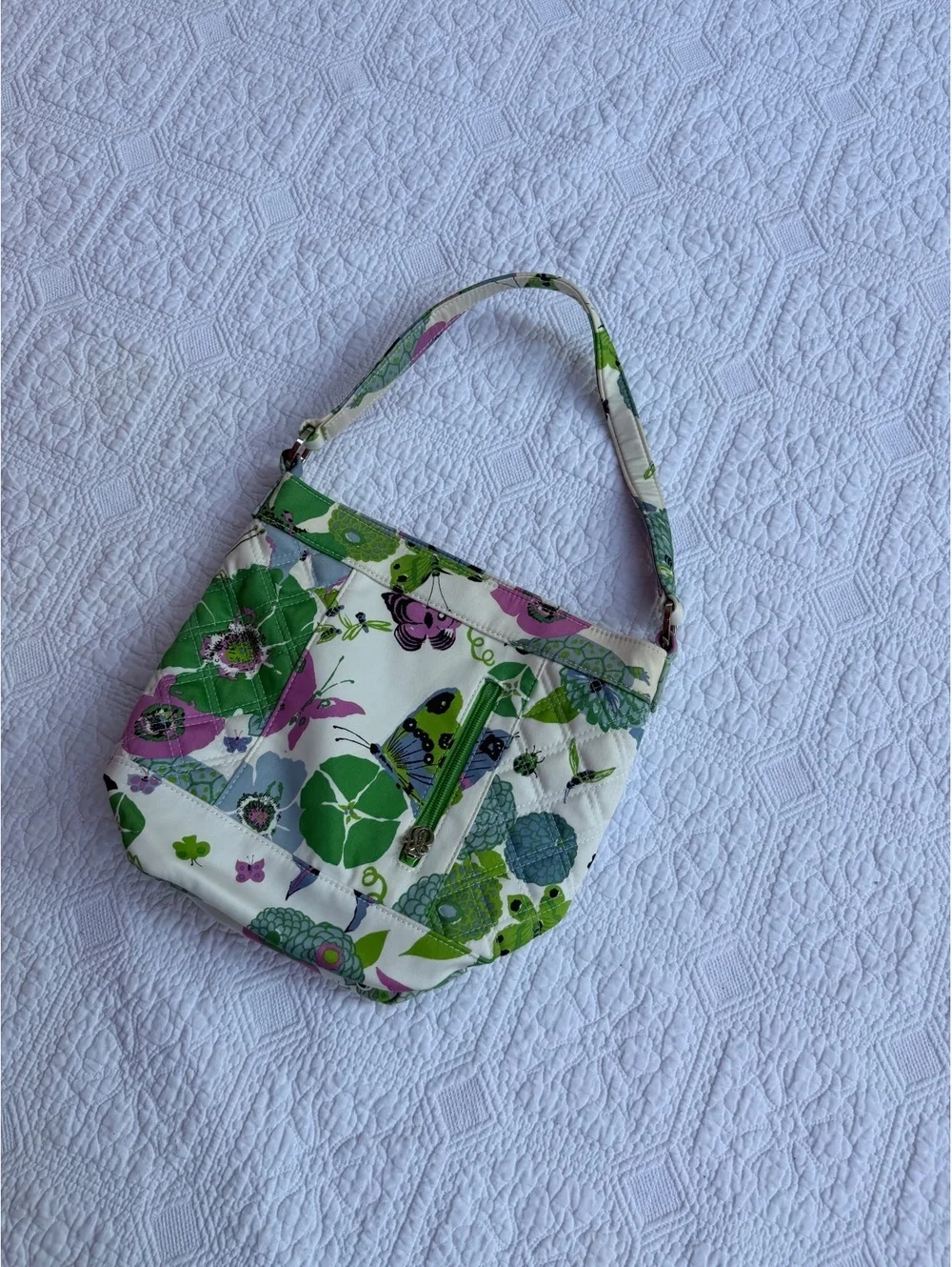 Vera Bradley Quilted Floral and Butterfly Print Shoulder Bag with Green Zipper